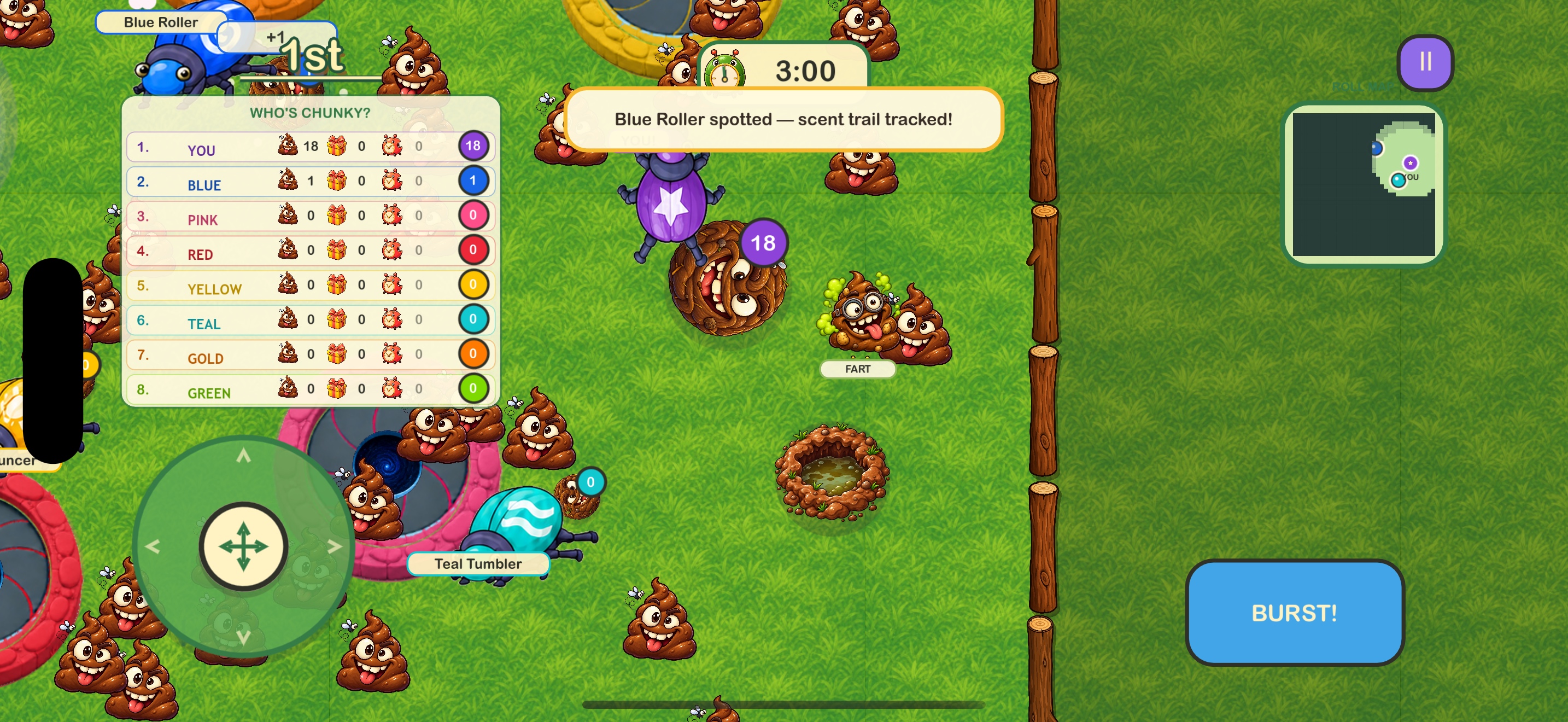 Dung Beetle gameplay: colorful beetles, a growing ball, the meadow map and touch controls
